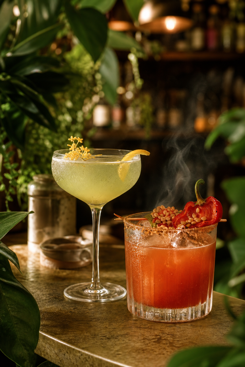 Two craft cocktails at the Chino Grande bar surrounded by greenery
