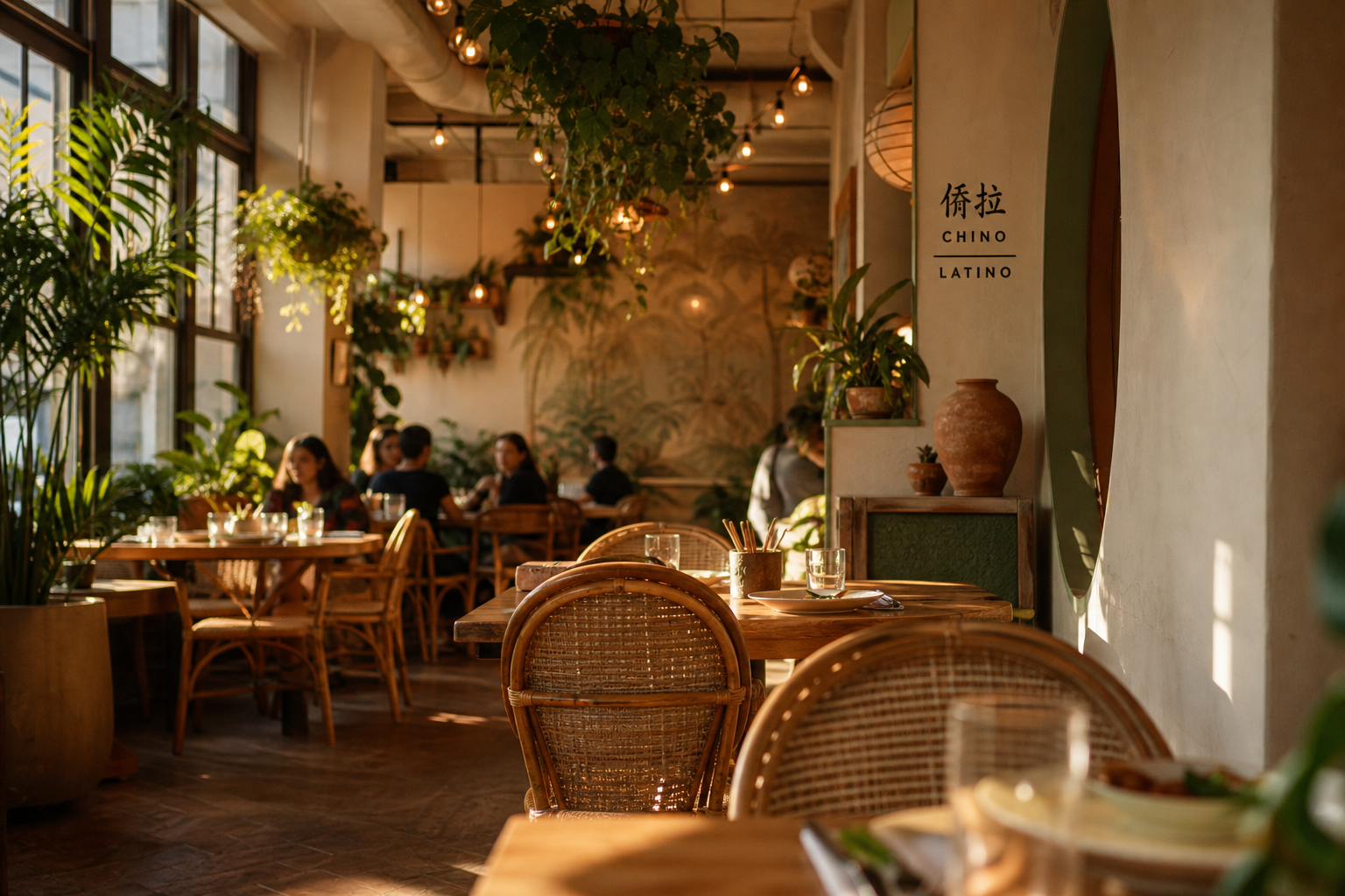 Warm, plant-filled dining room at Chino Grande during golden hour
