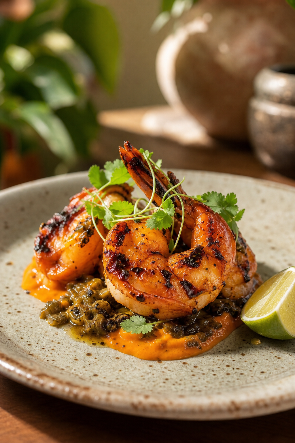 Grilled prawns with achiote-coconut sauce and poblano salsa