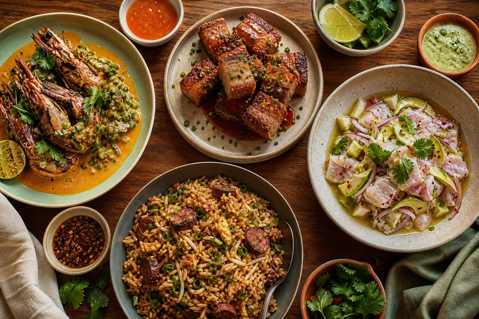 Overhead spread of Chino-Latino dishes: grilled prawns, crispy pork belly, ceviche, and sausage fried rice