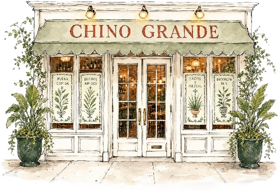 Illustration of the Chino Grande storefront with a sage-green awning and potted plants